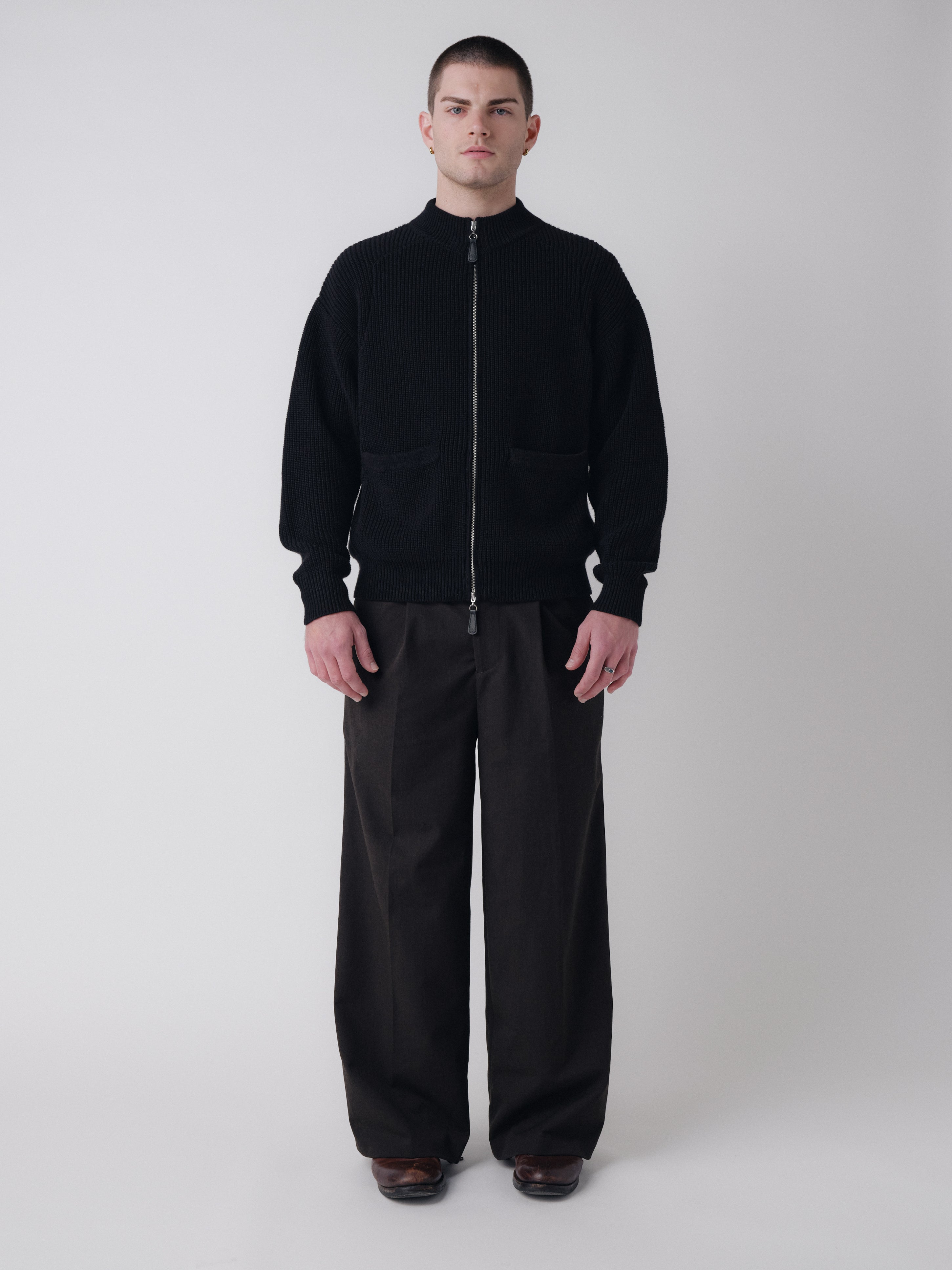 Pennant Knit Zip Cardigan - Black