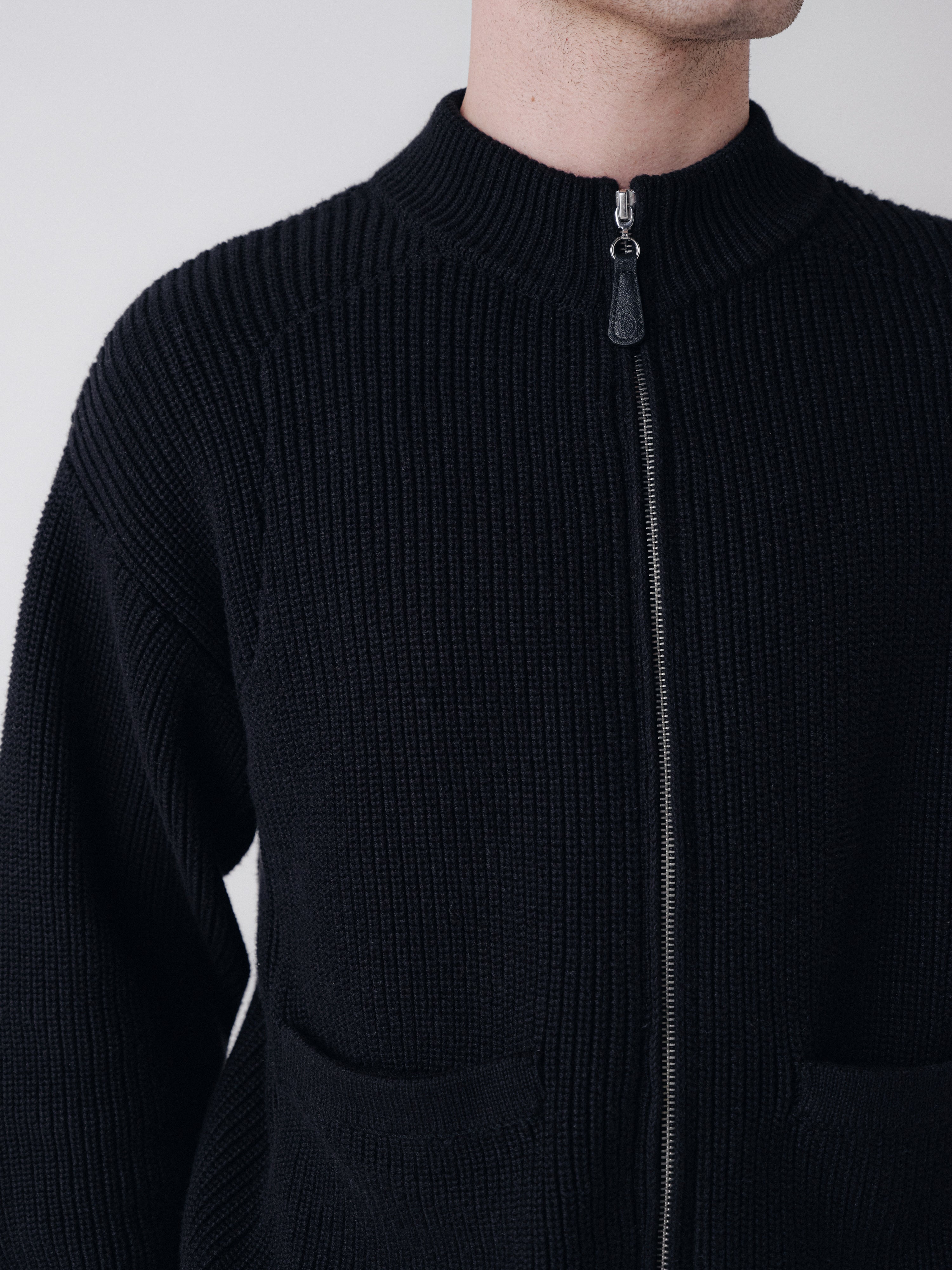 Pennant Knit Zip Cardigan - Black