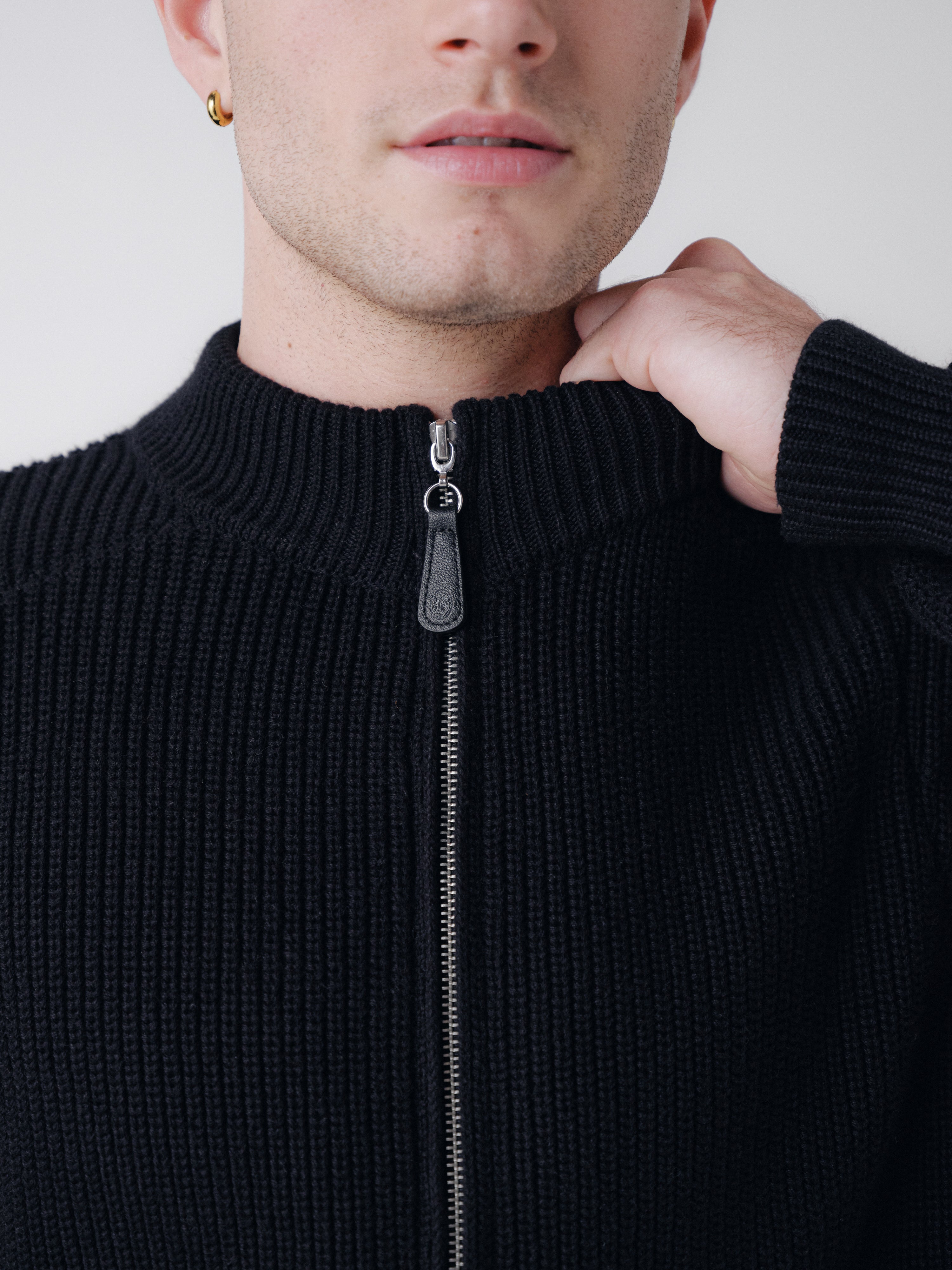Pennant Knit Zip Cardigan - Black