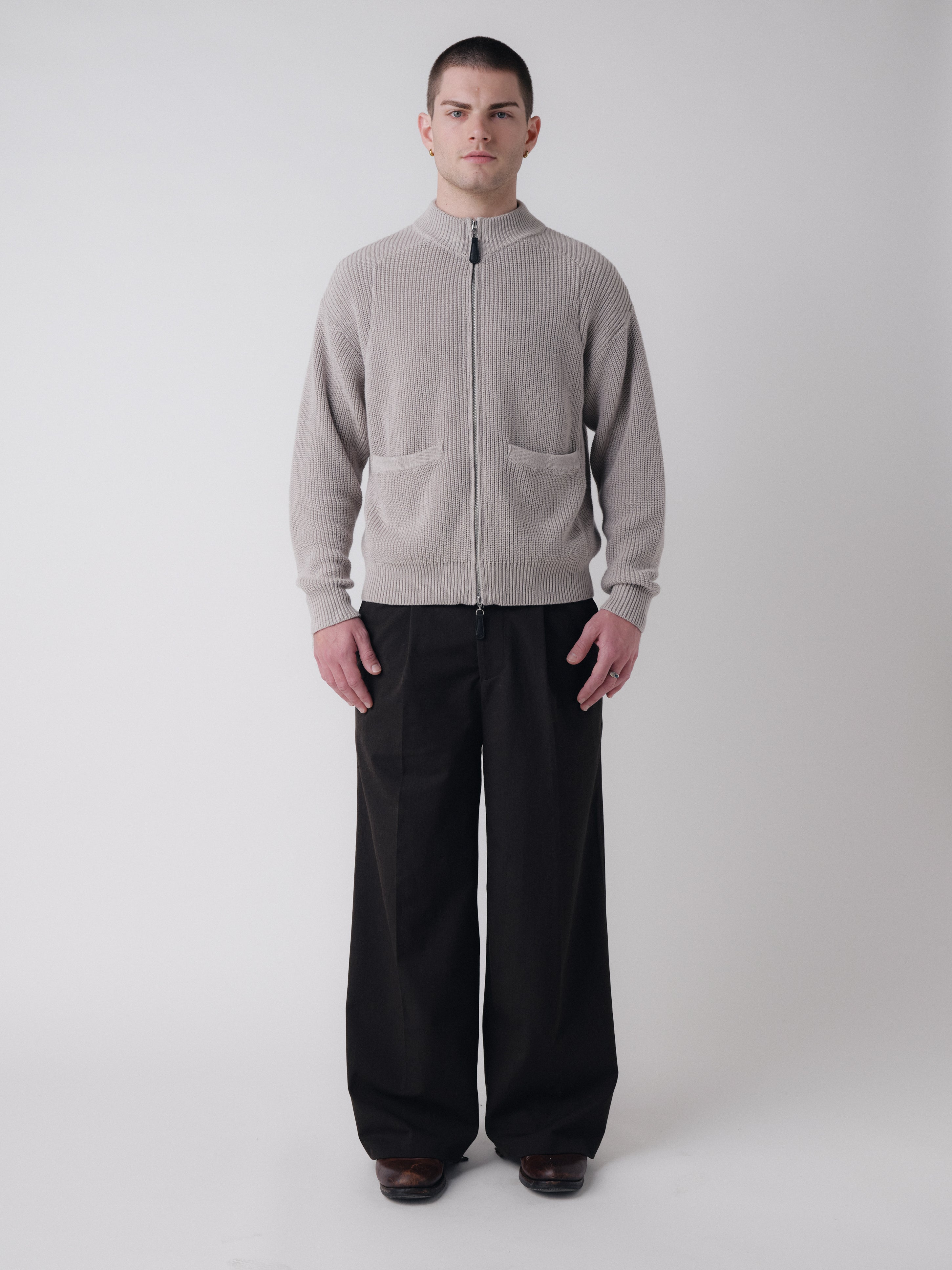 Pennant Knit Zip Cardigan - Slate Grey